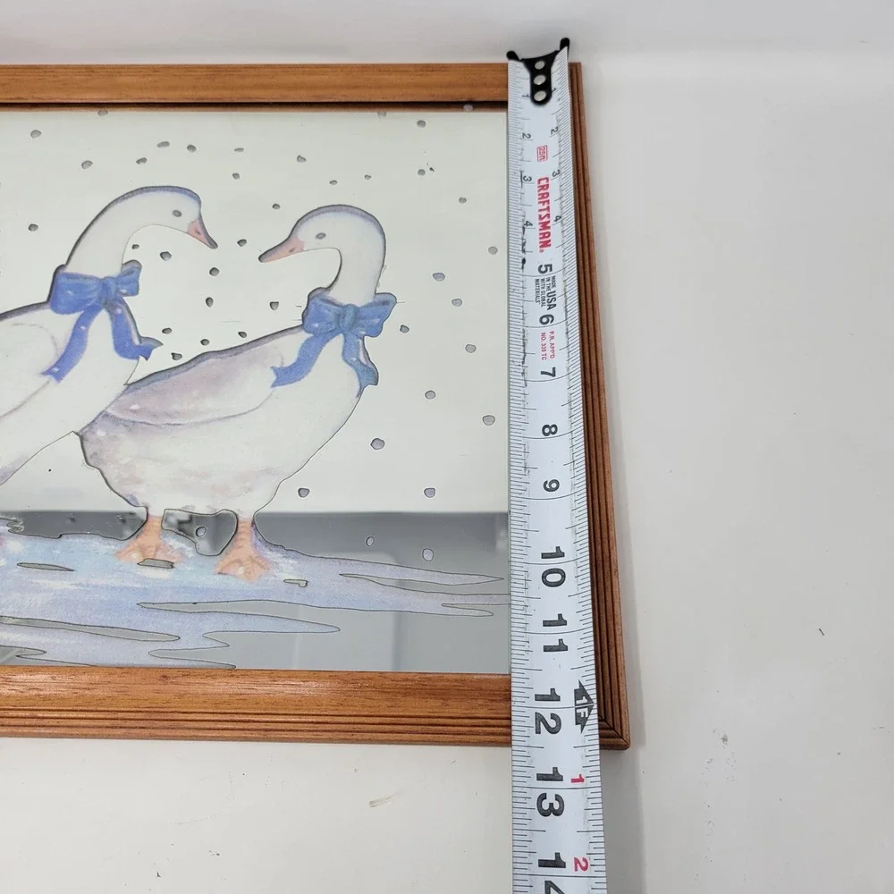 Vintage 80s Country Geese Framed Mirror Wall‎ Art Blue Bows Wood Frame 16.5x12.5